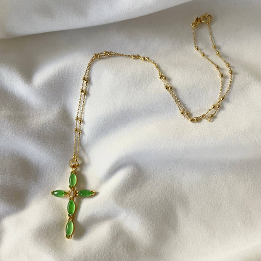 Green Stone Cross Gold Filled Satellite Chain Necklace