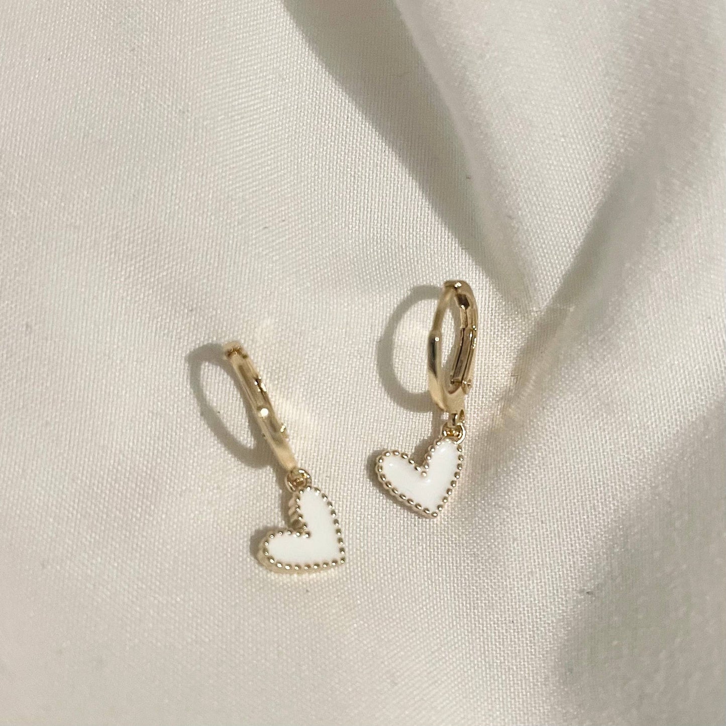 White Mini Heart Huggies. Gold Filled Earrings.