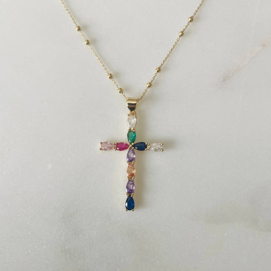 True Colors Cross Necklace. Rainbow Gemstone Gold Filled - 36