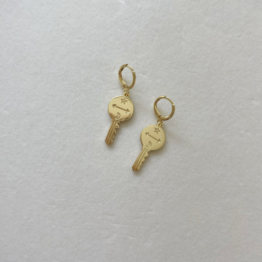 Free Your Mind Gold Filled Key Charm Huggies. Gold Filled Earrings