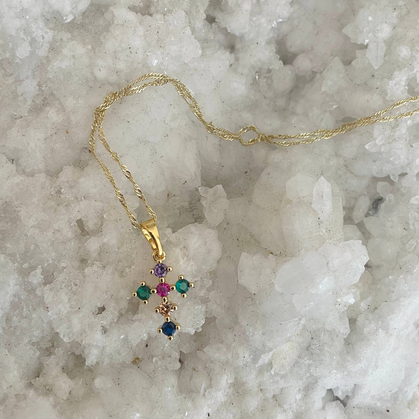 Don't Stop Believing Gold Filled Rainbow Cross Necklace