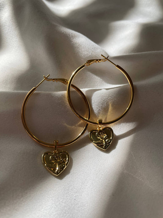 Your Song Gold Hoop Earrings. Gold Heart Earrings. Rose