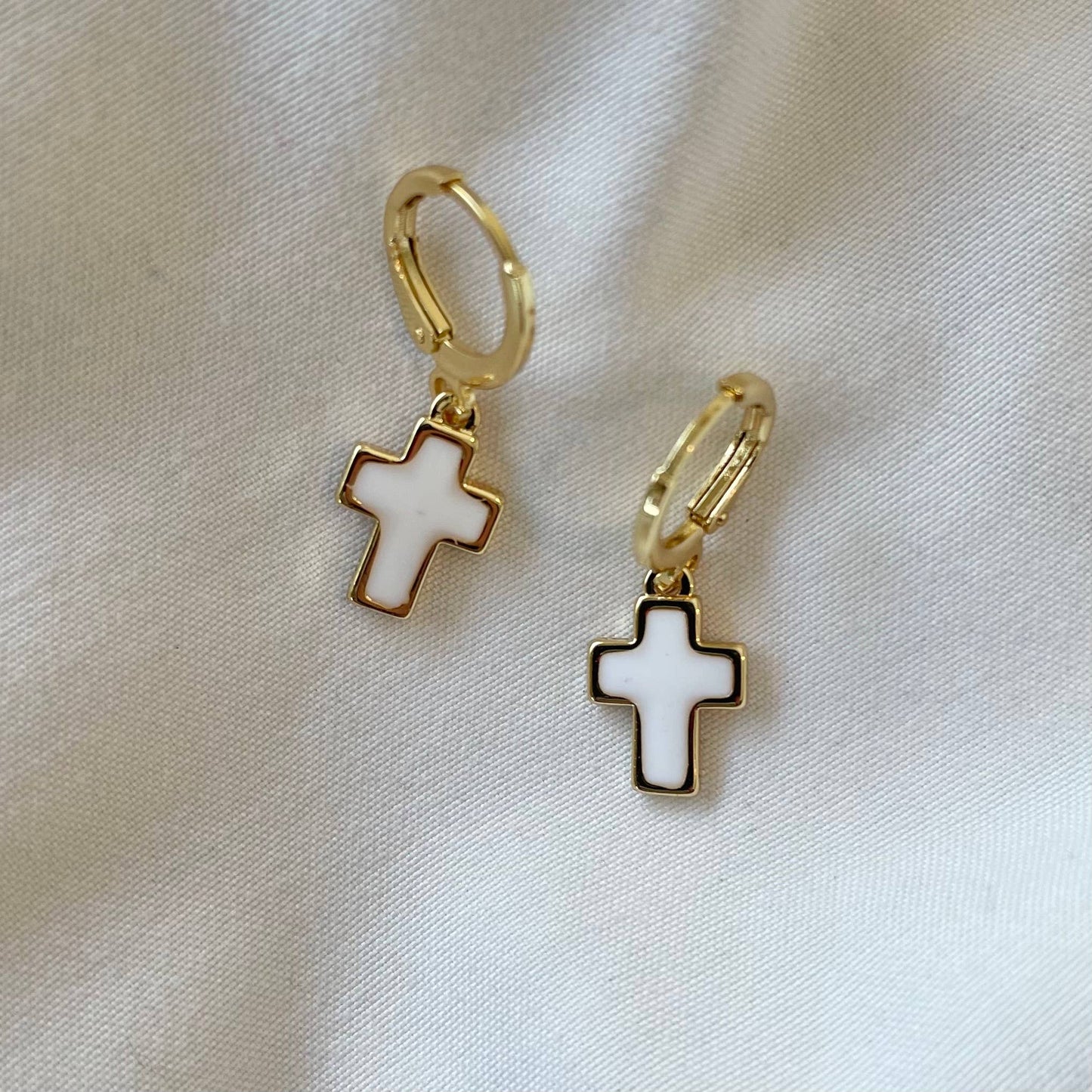 Baby Love White Cross Huggies. Gold Filled Cross Earrings