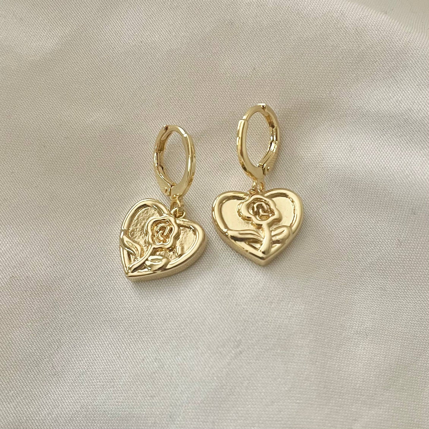 Your Song Gold Rose Heart Huggie Earrings. Small Hoops