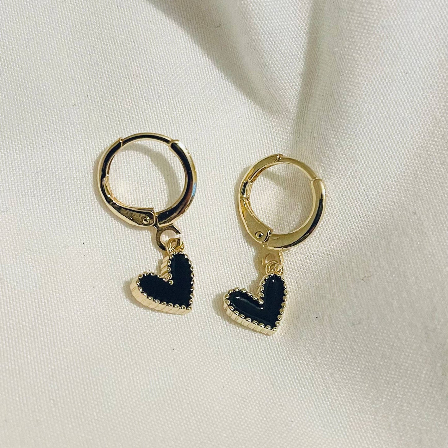 Black Mini Heart Huggies. Gold Filled Earrings.