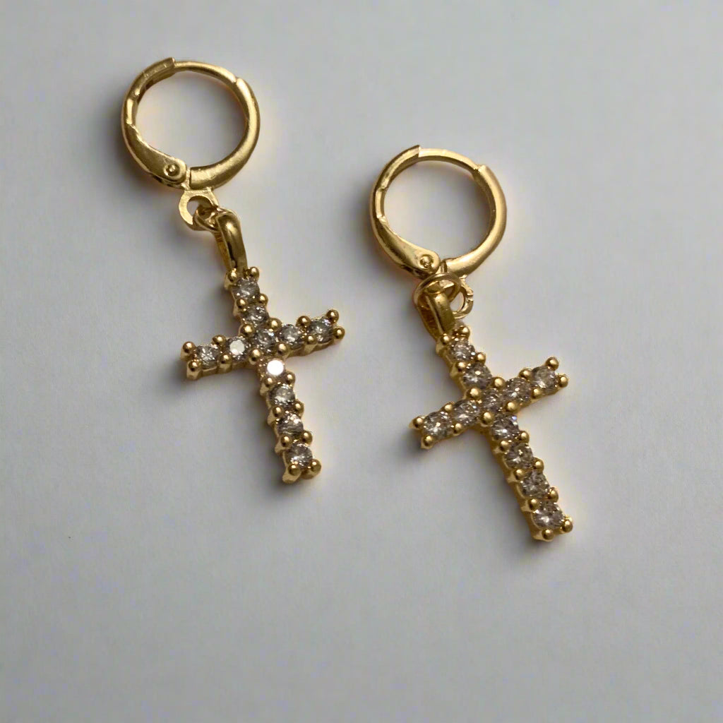 Hold Me Now Gold Diamond Cross Huggie Earrings-Au+ORA