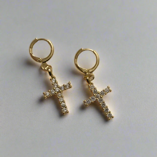 Hold Me Now Gold Diamond Cross Huggie Earrings-Au+ORA